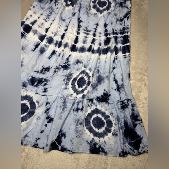 Magic Blue White Tie Dye Tiered Ruffle Lightweight MIDI Boho 100% Rayon Skirt M - Picture 12 of 13